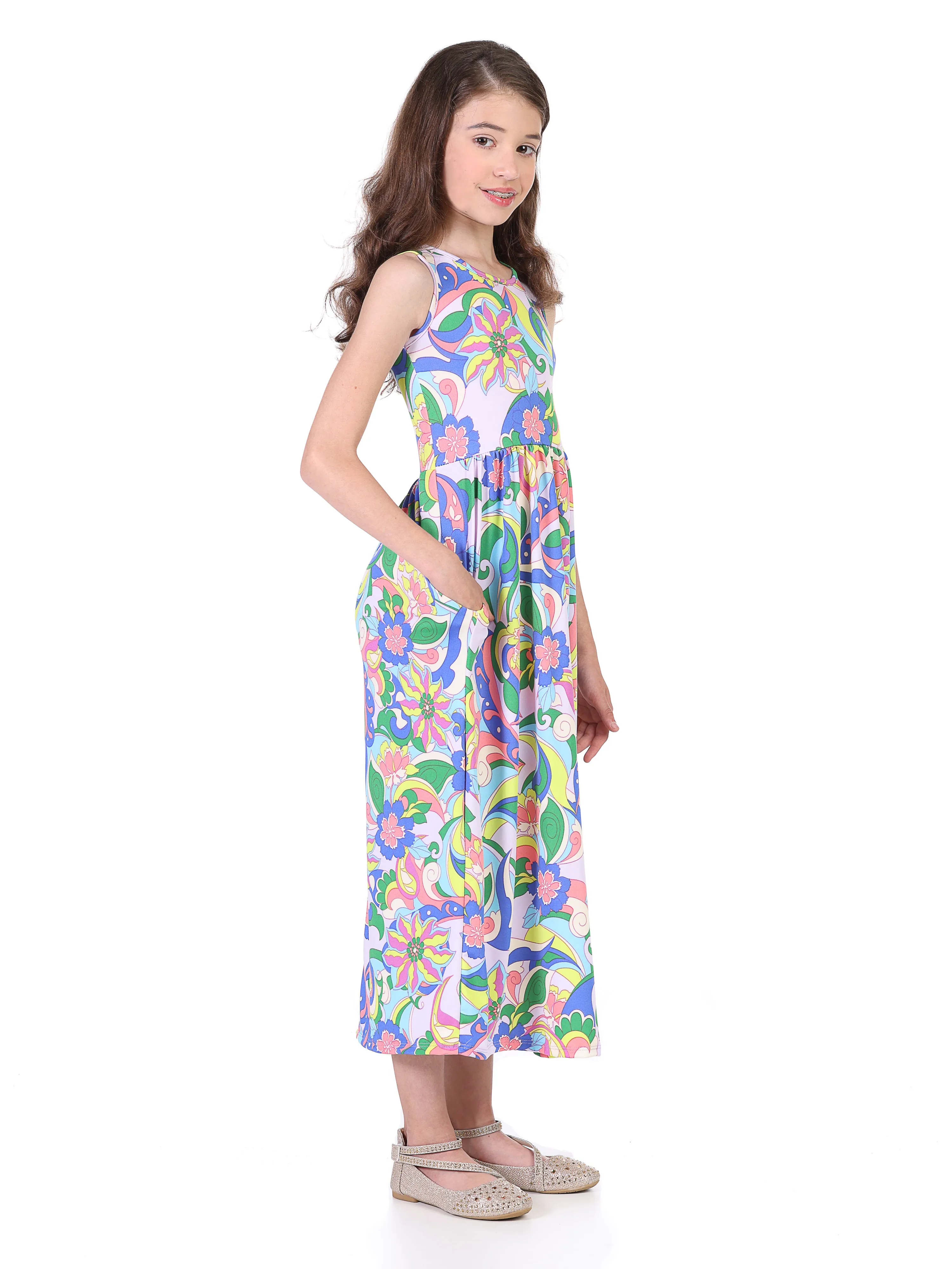 24seven Comfort Apparel Pastel Floral Print Sleeveless Girls Pocket Maxi Dress