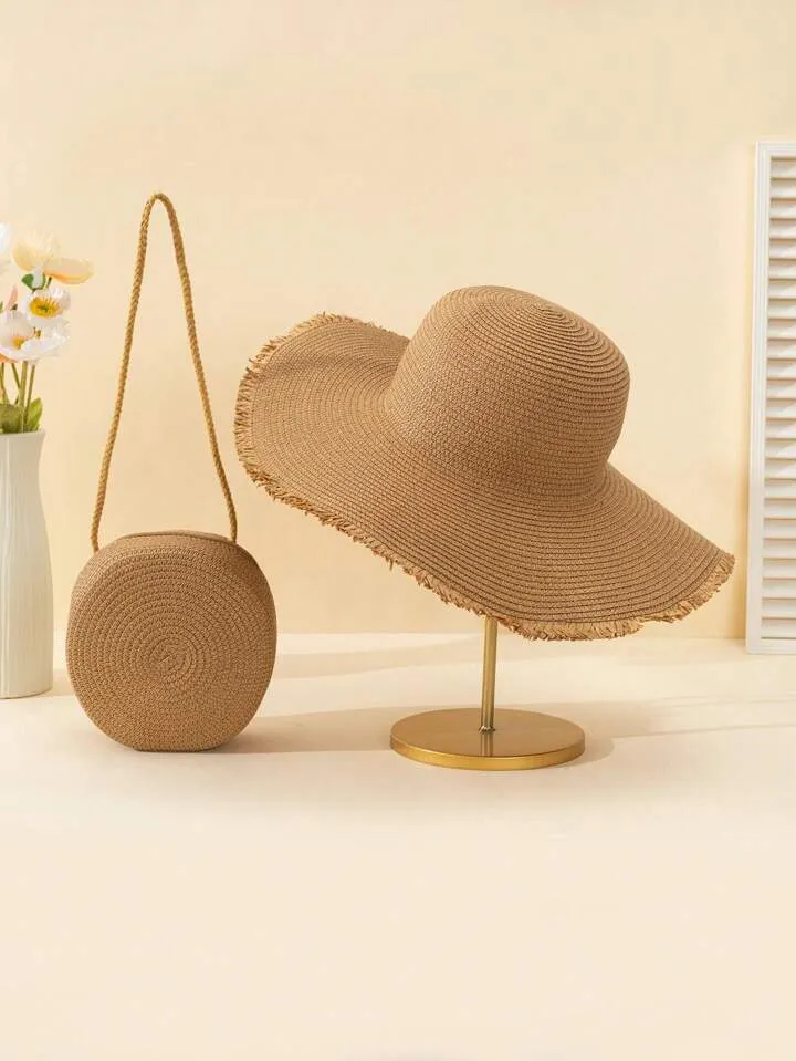 2pcs khaki woven pattern straw hat & crossbody bag in khaki