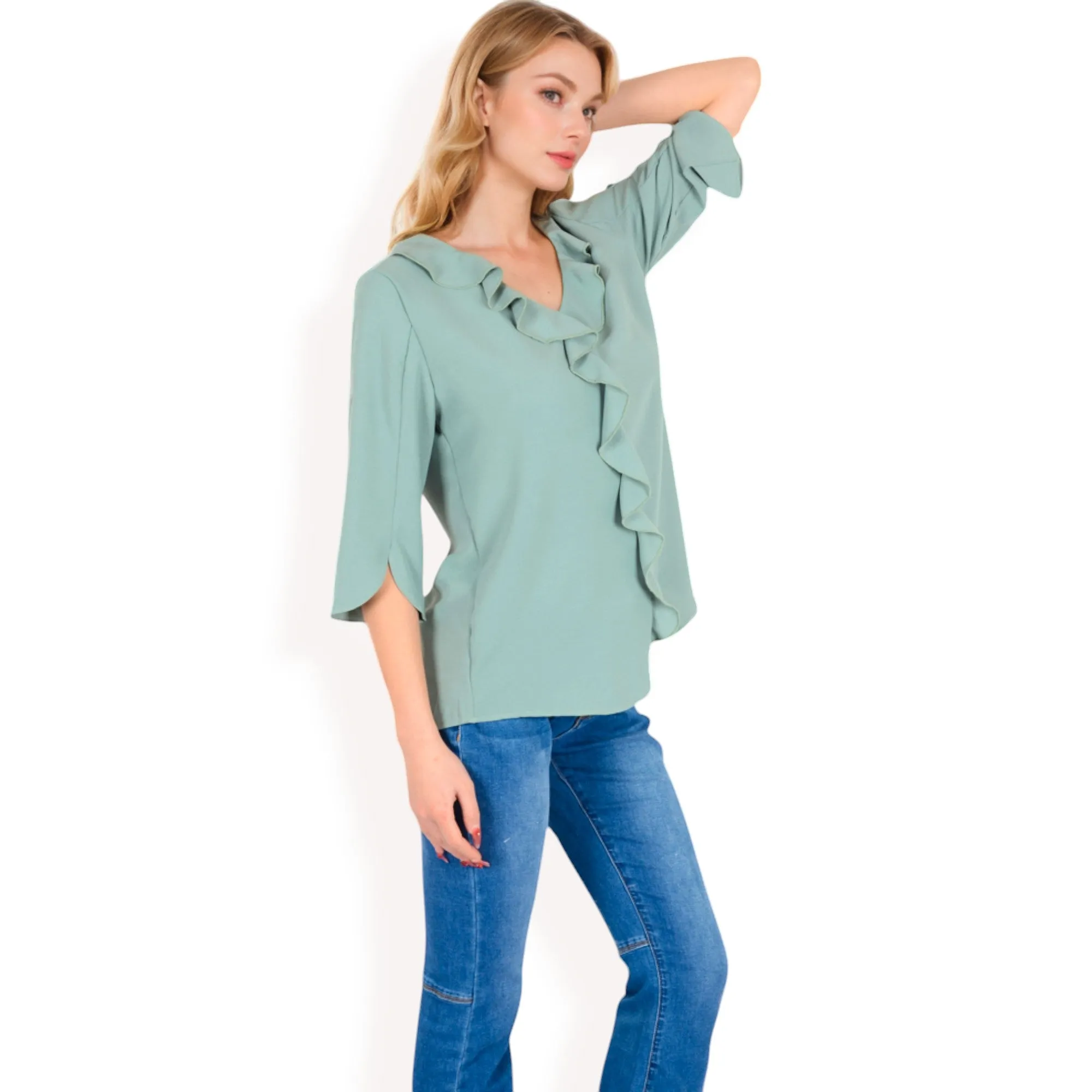 Anna-Kaci Women's Ruffle Front Blouse with 3/4 Split Sleeves