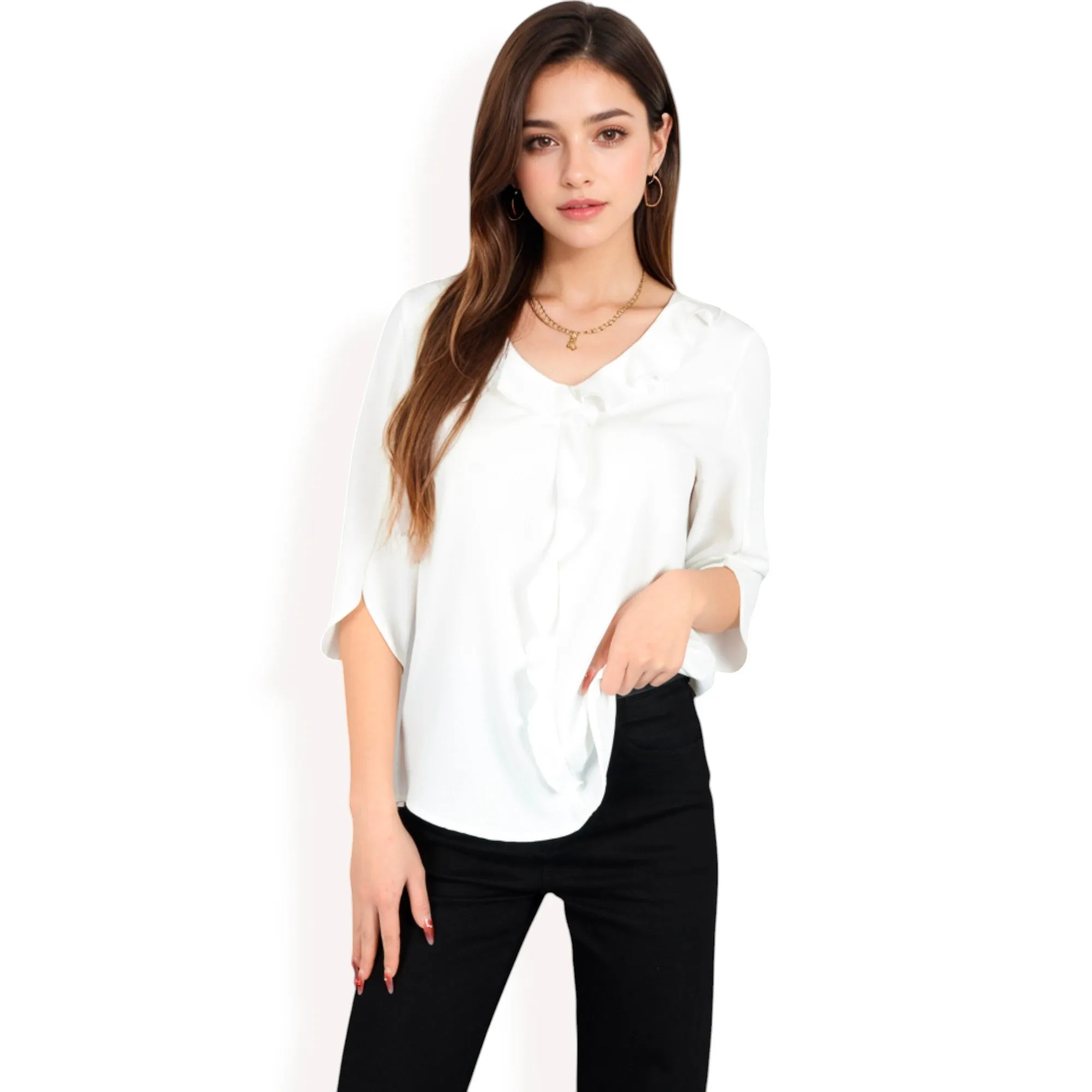 Anna-Kaci Women's Ruffle Front Blouse with 3/4 Split Sleeves