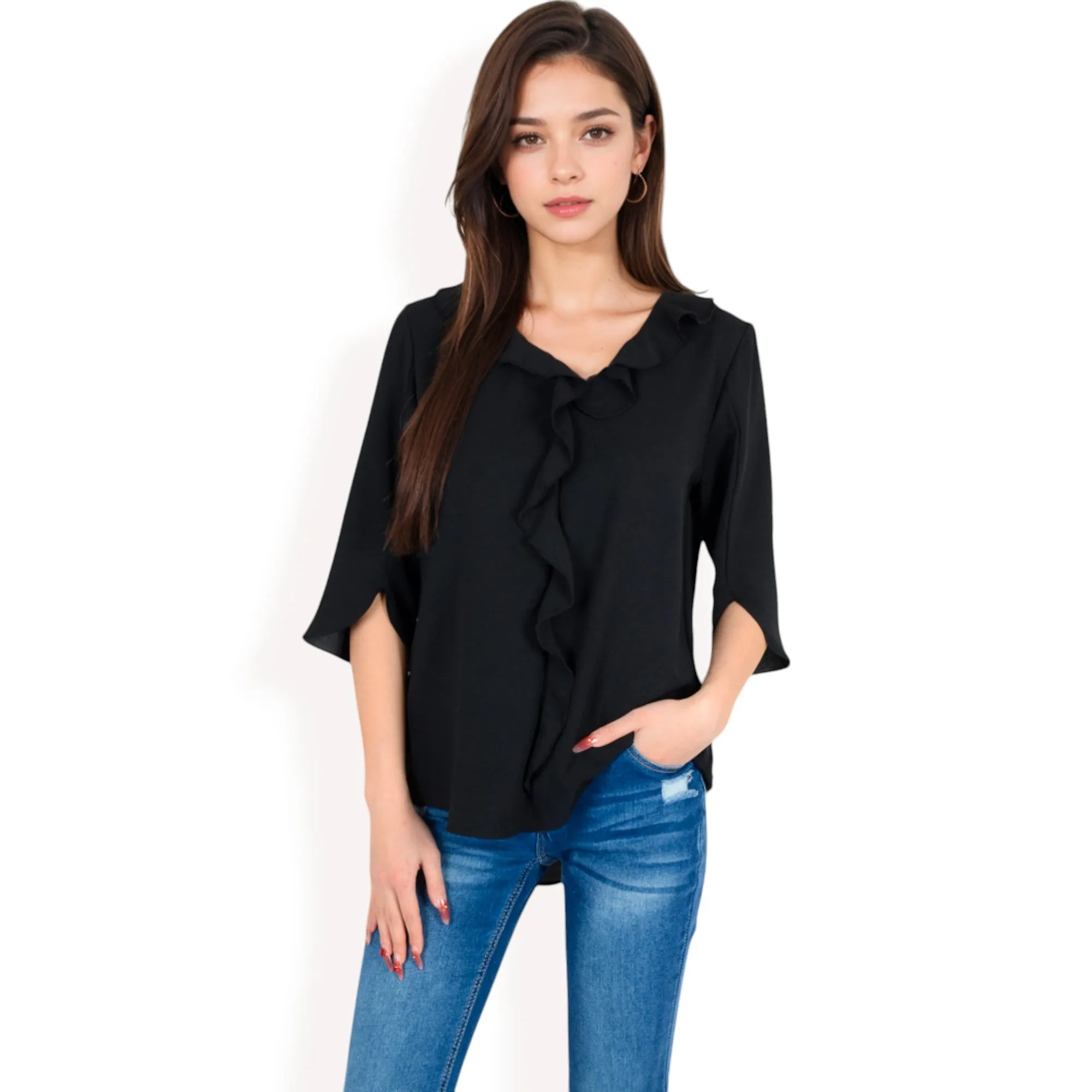 Anna-Kaci Women's Ruffle Front Blouse with 3/4 Split Sleeves