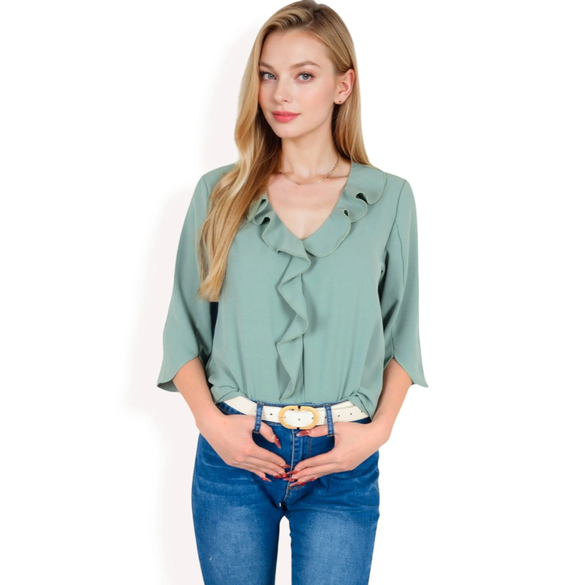 Anna-Kaci Women's Ruffle Front Blouse with 3/4 Split Sleeves