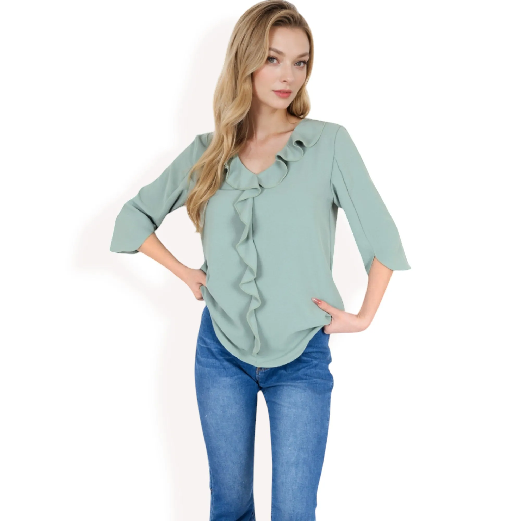 Anna-Kaci Women's Ruffle Front Blouse with 3/4 Split Sleeves