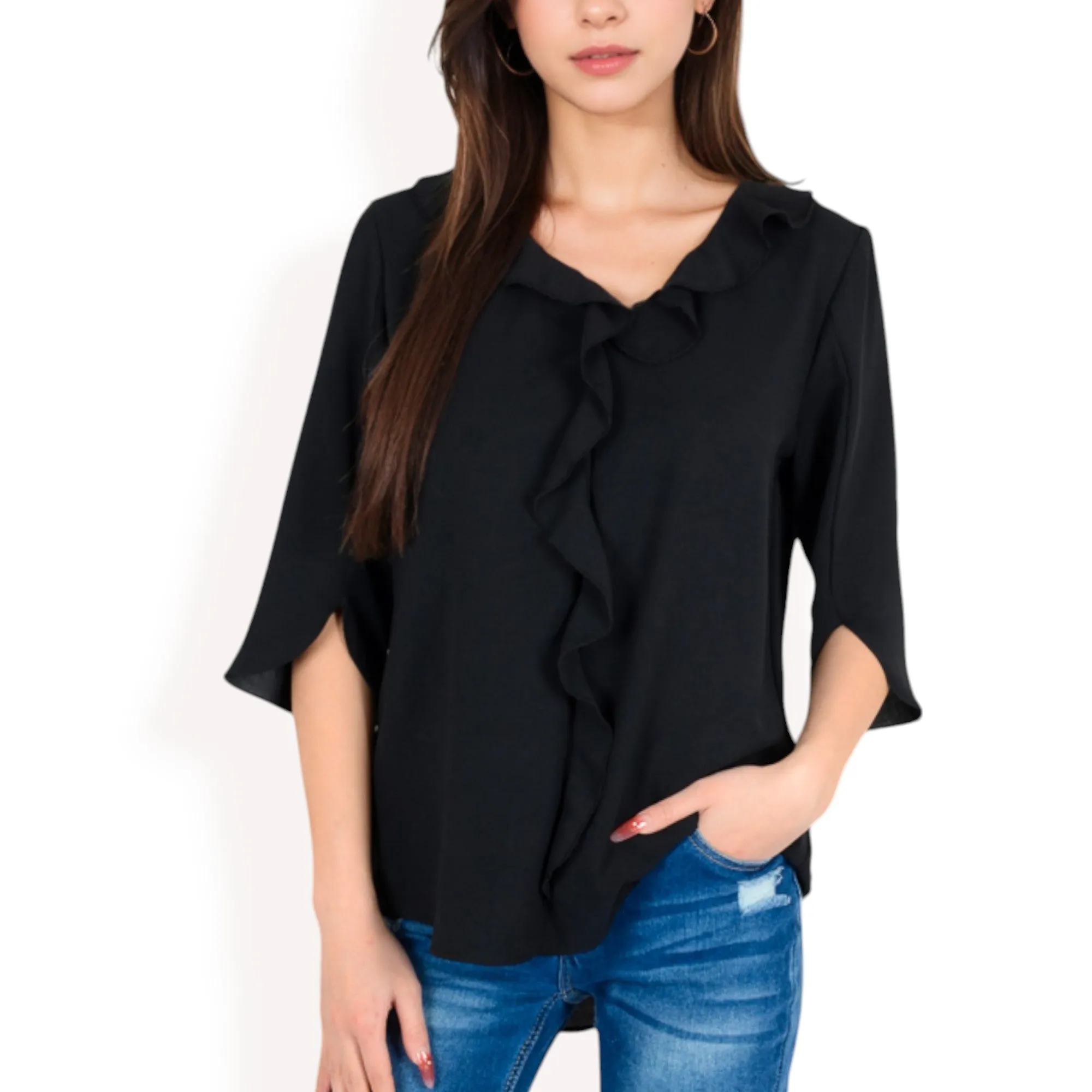 Anna-Kaci Women's Ruffle Front Blouse with 3/4 Split Sleeves