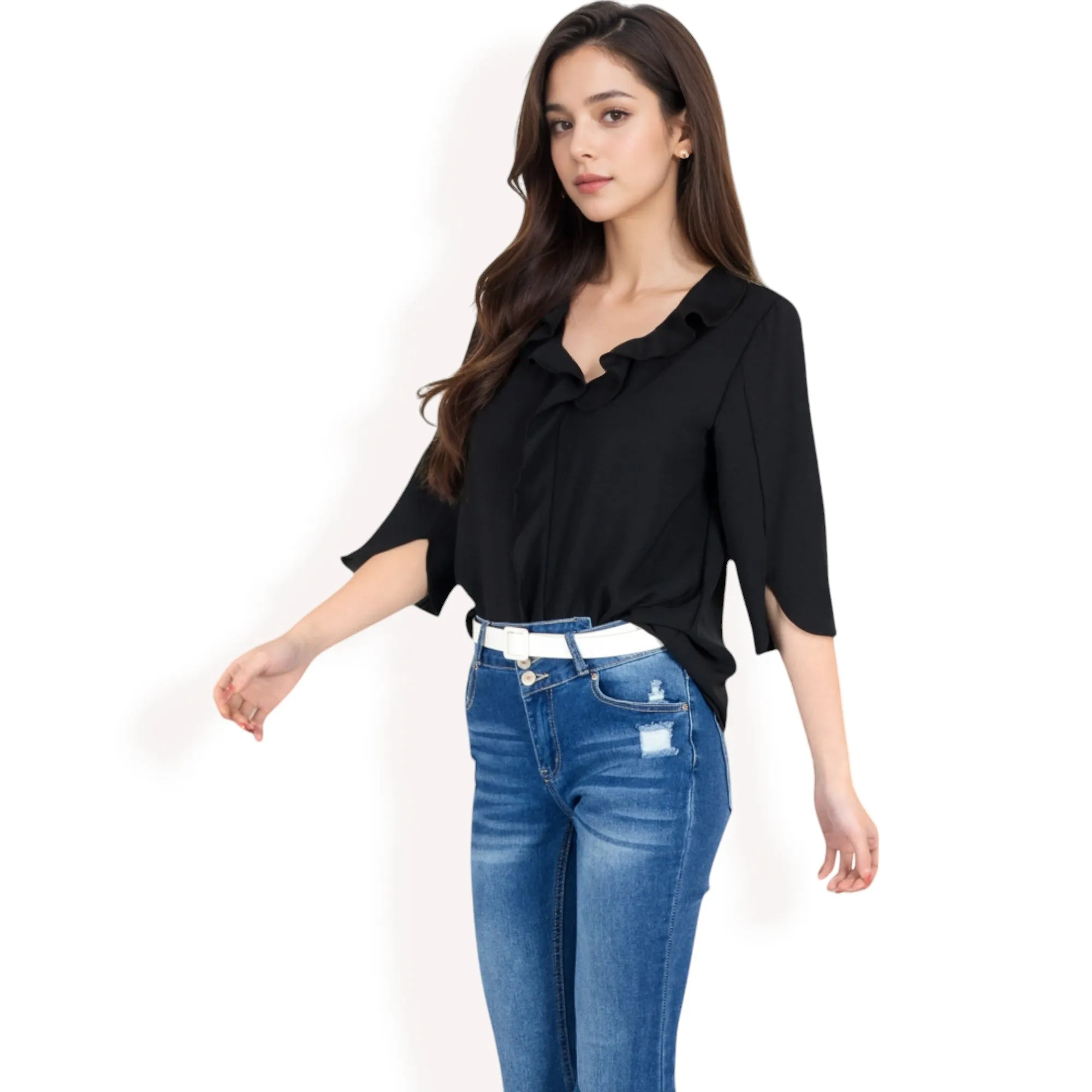 Anna-Kaci Women's Ruffle Front Blouse with 3/4 Split Sleeves