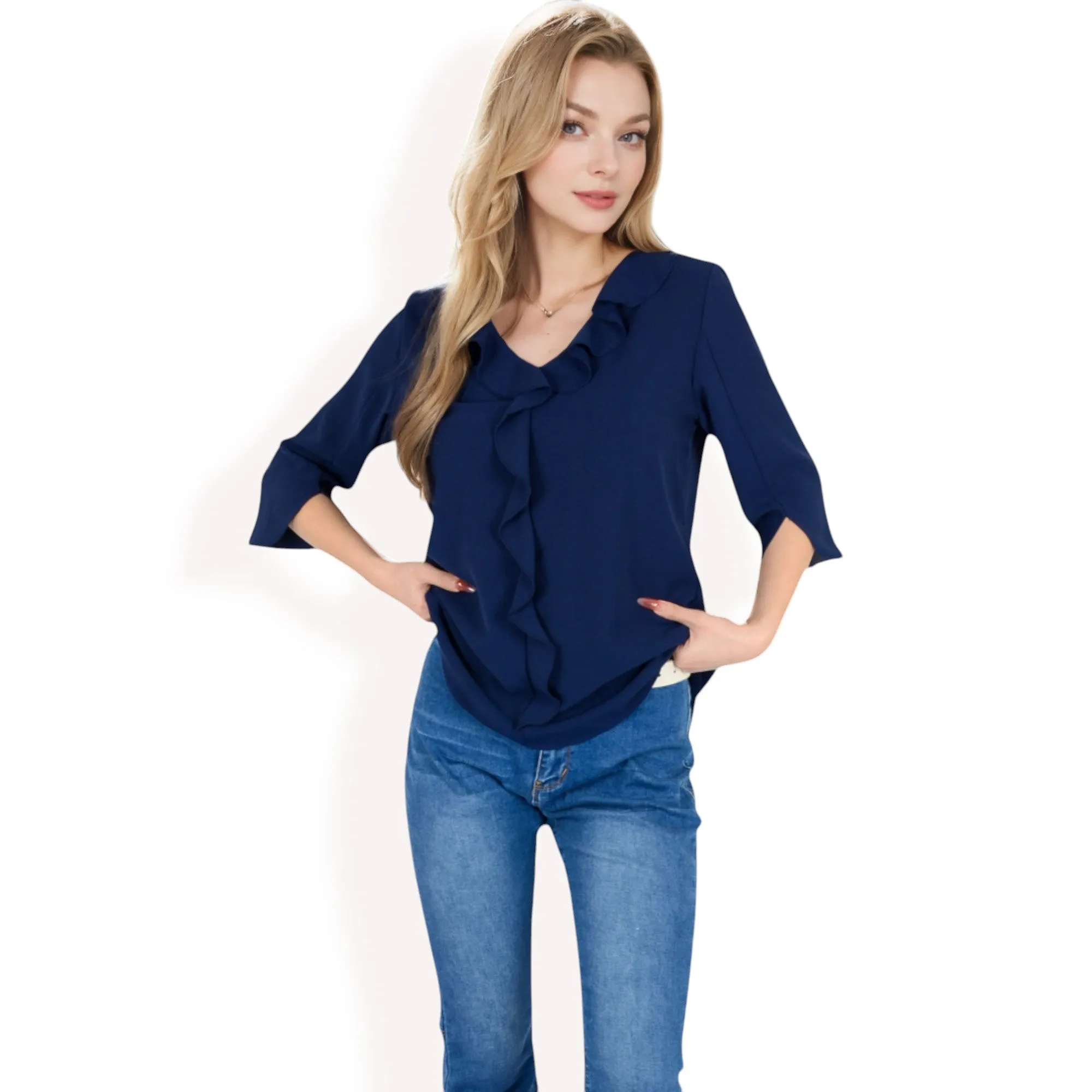 Anna-Kaci Women's Ruffle Front Blouse with 3/4 Split Sleeves