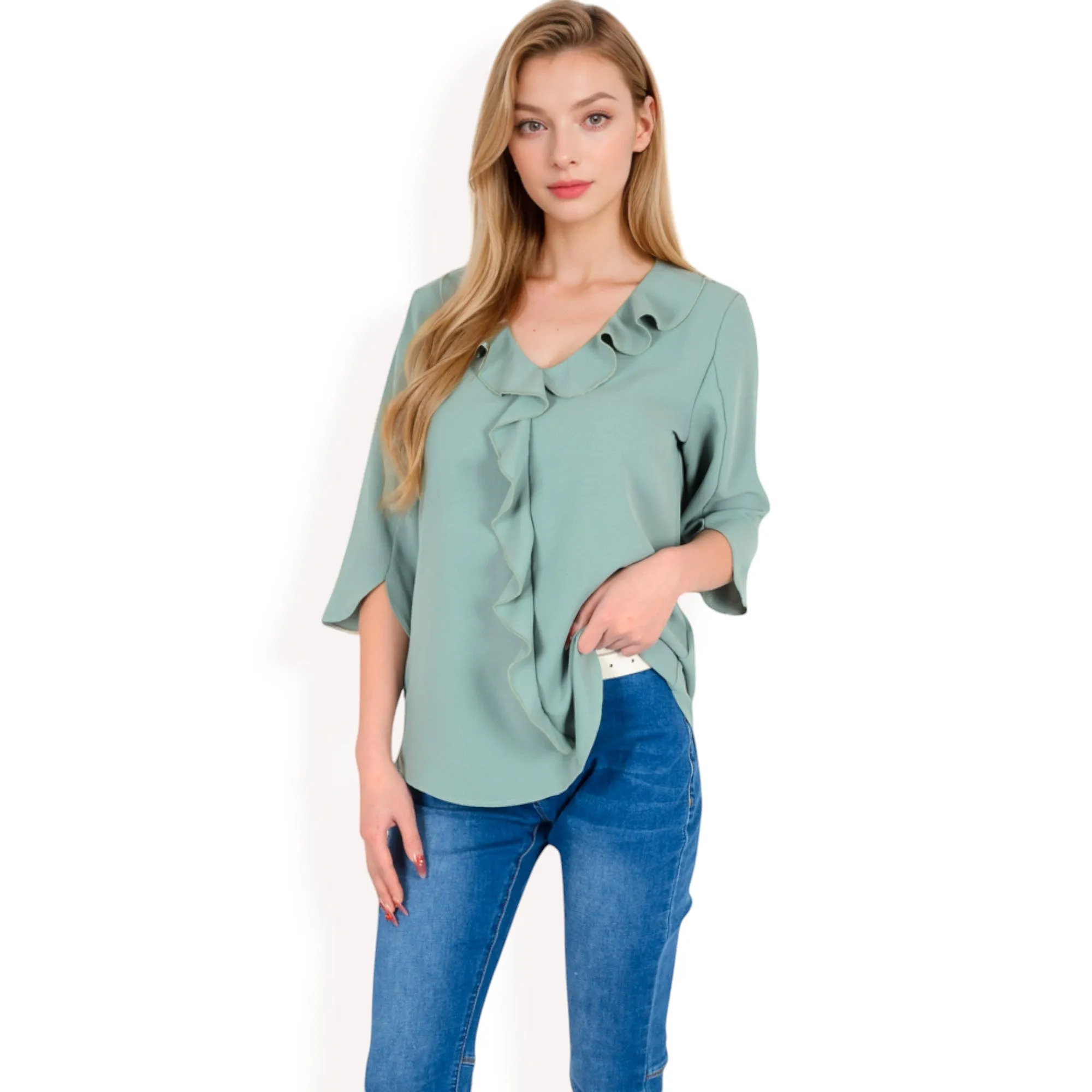 Anna-Kaci Women's Ruffle Front Blouse with 3/4 Split Sleeves