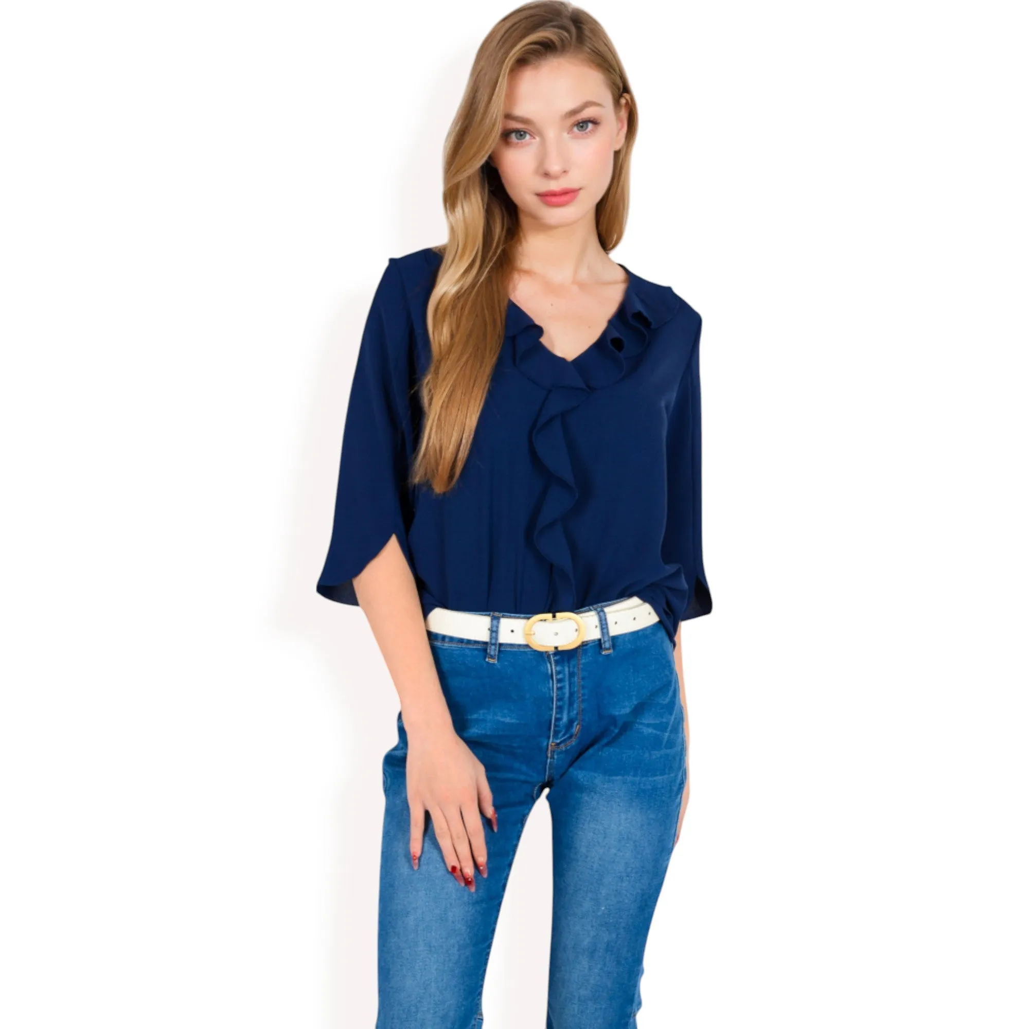 Anna-Kaci Women's Ruffle Front Blouse with 3/4 Split Sleeves