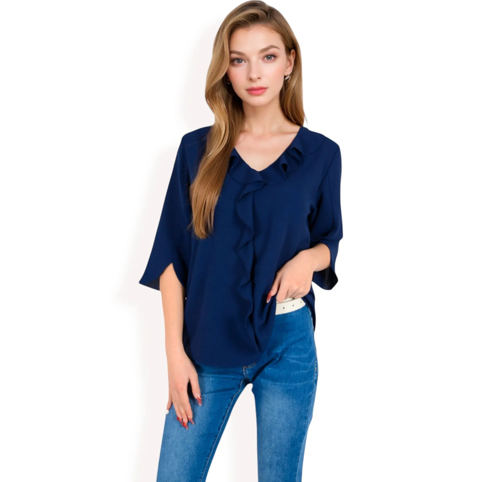 Anna-Kaci Women's Ruffle Front Blouse with 3/4 Split Sleeves