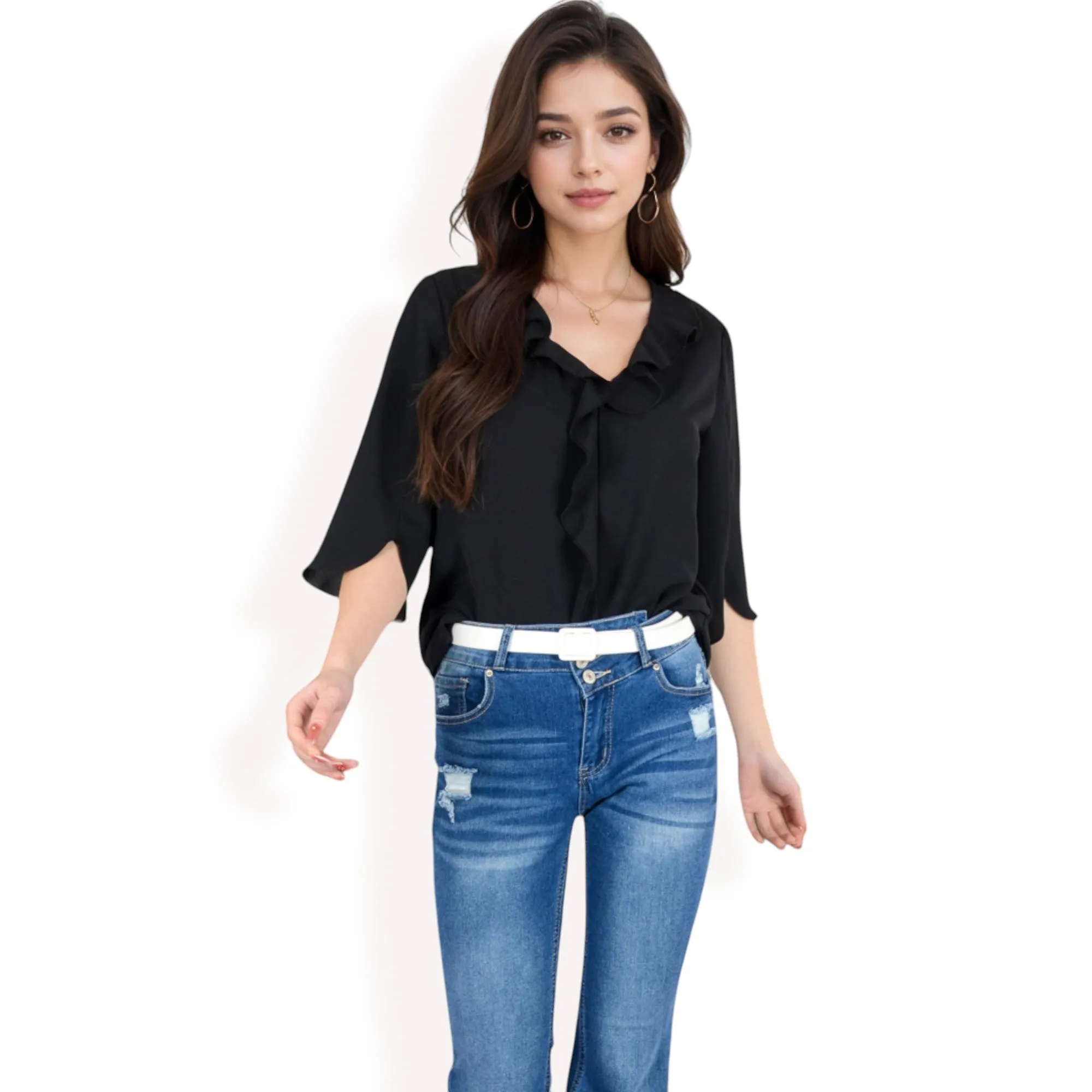 Anna-Kaci Women's Ruffle Front Blouse with 3/4 Split Sleeves