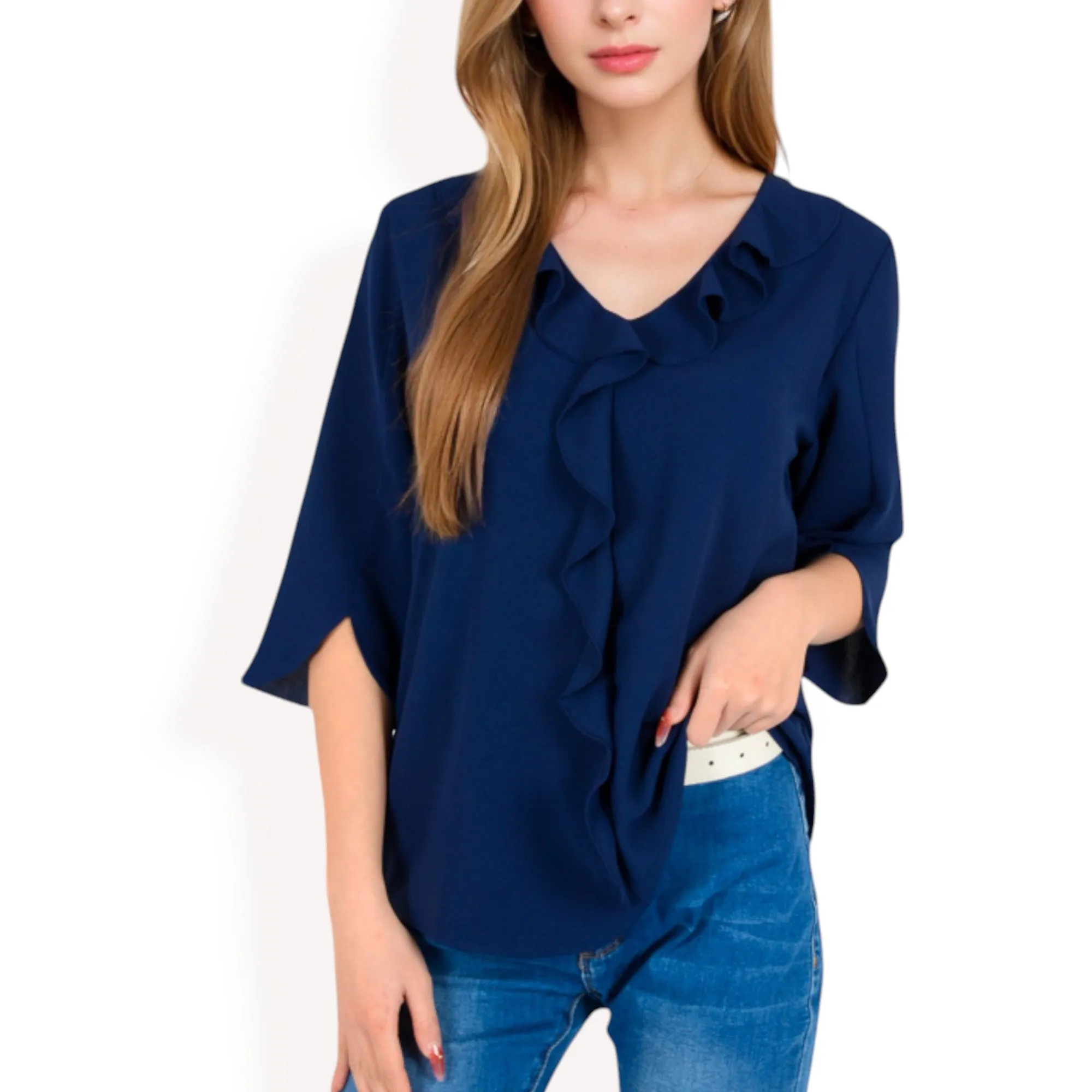 Anna-Kaci Women's Ruffle Front Blouse with 3/4 Split Sleeves