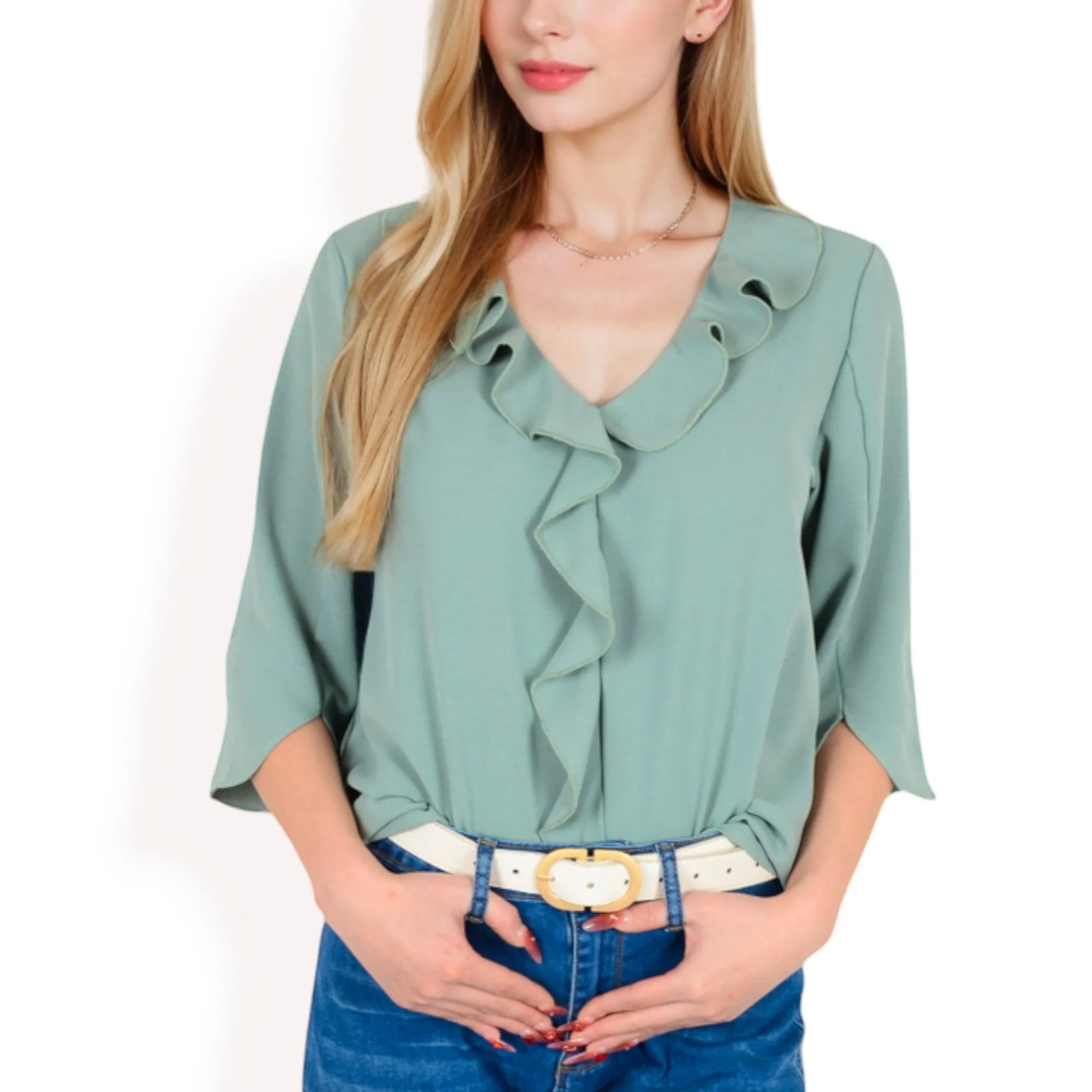 Anna-Kaci Women's Ruffle Front Blouse with 3/4 Split Sleeves