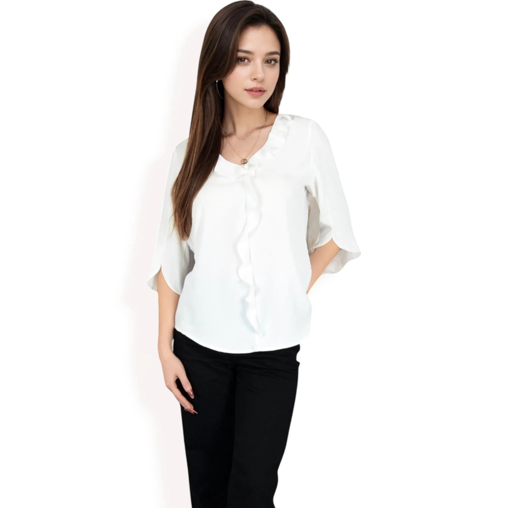 Anna-Kaci Women's Ruffle Front Blouse with 3/4 Split Sleeves