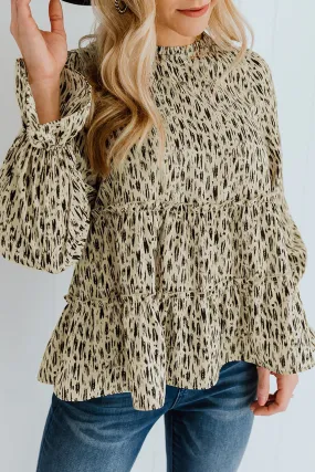 Apricot Printed Ruffled Funnel Neck Puff Sleeve Blouse