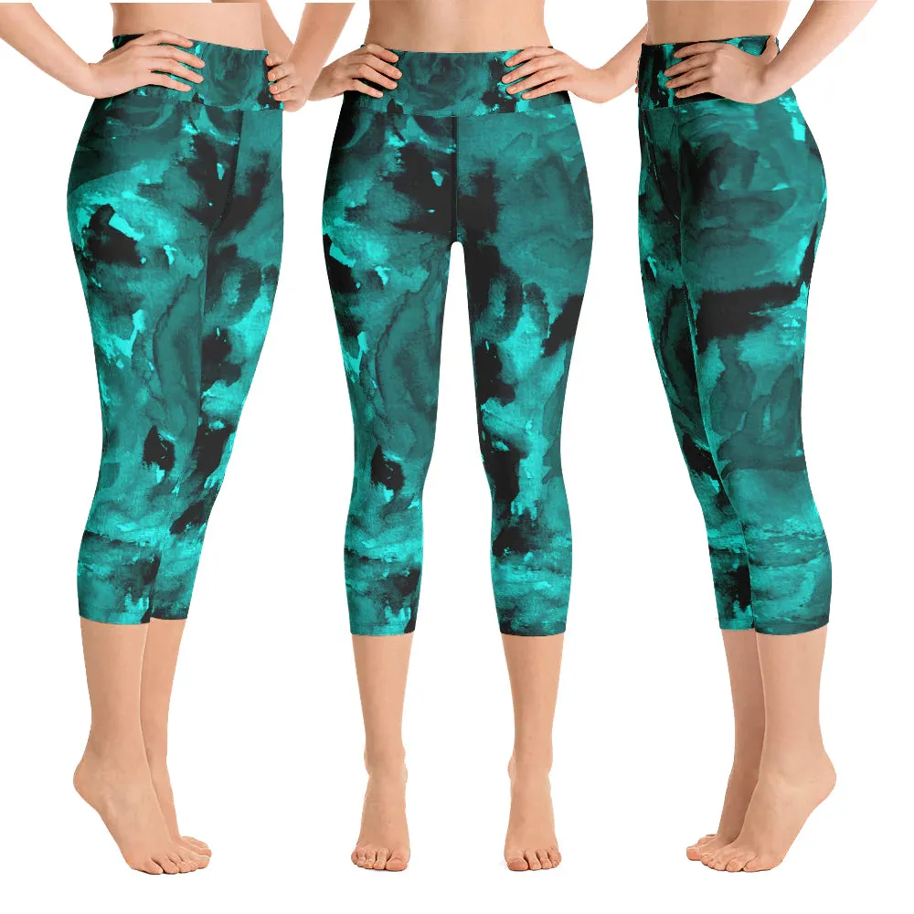 Aqua Blue Rose Capri Leggings, Best Women's Floral Print Capris Yoga Pants - Made in USA/EU