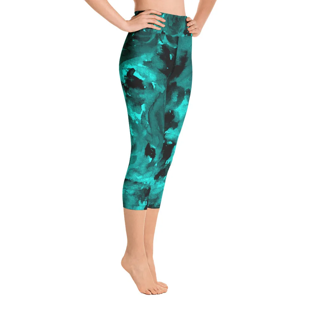 Aqua Blue Rose Capri Leggings, Best Women's Floral Print Capris Yoga Pants - Made in USA/EU