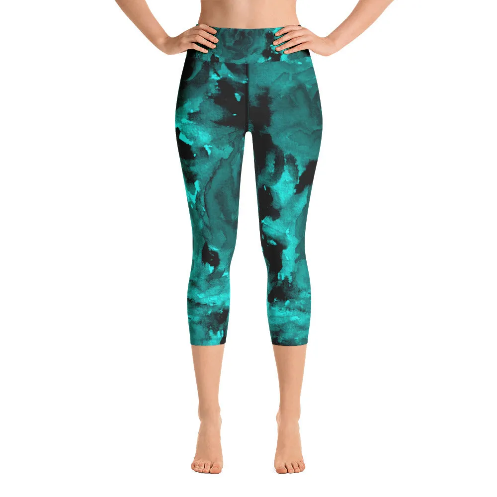 Aqua Blue Rose Capri Leggings, Best Women's Floral Print Capris Yoga Pants - Made in USA/EU