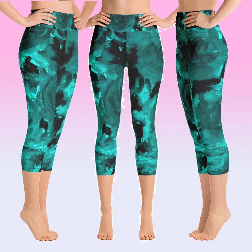 Aqua Blue Rose Capri Leggings, Best Women's Floral Print Capris Yoga Pants - Made in USA/EU