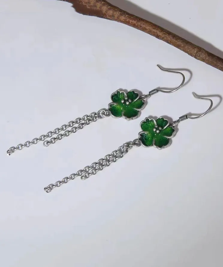 Beautiful Green Floral Tassel Patchwork Silver Drop Earrings LY9152