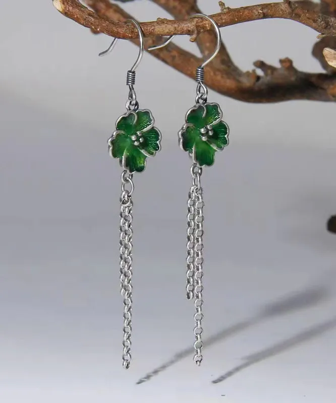 Beautiful Green Floral Tassel Patchwork Silver Drop Earrings LY9152