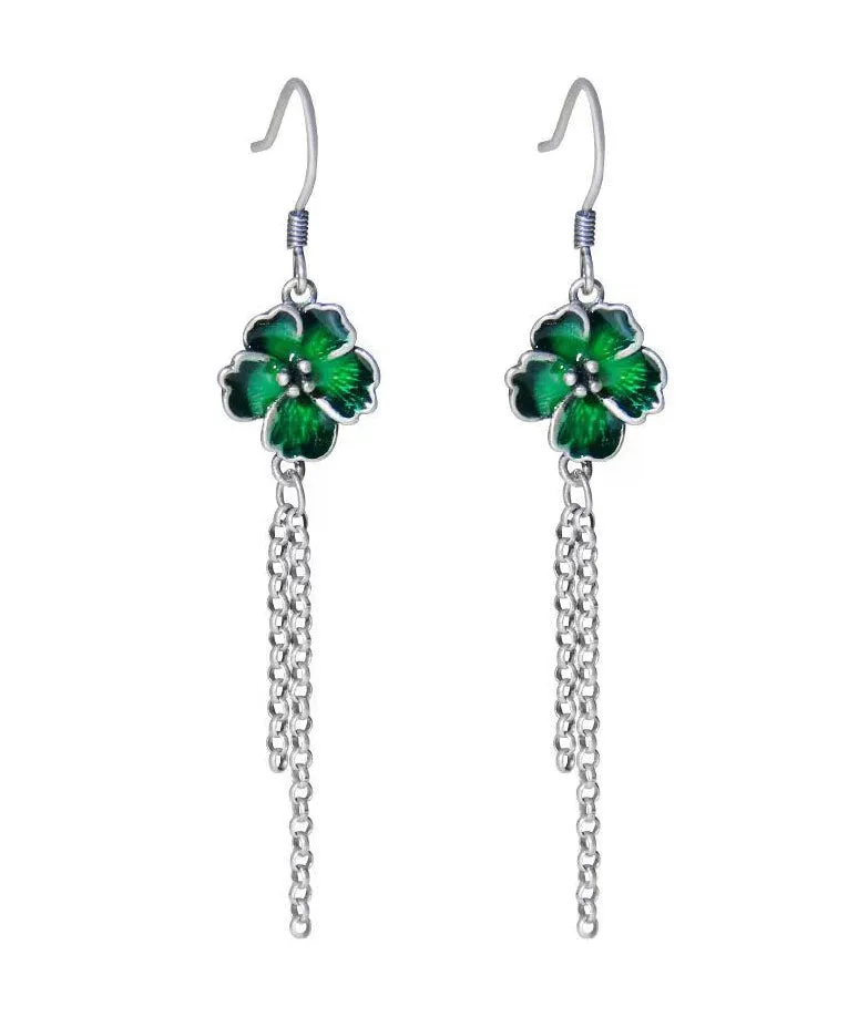 Beautiful Green Floral Tassel Patchwork Silver Drop Earrings LY9152