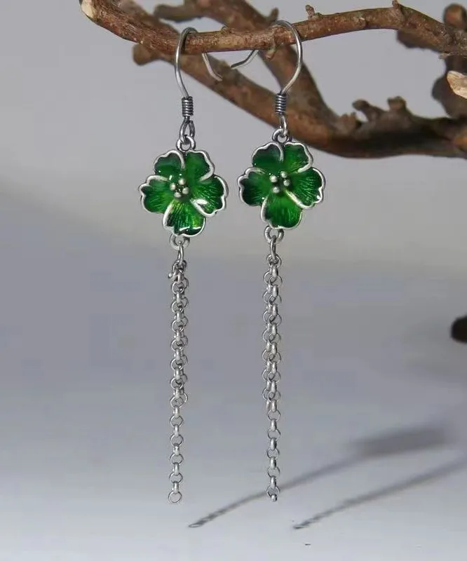 Beautiful Green Floral Tassel Patchwork Silver Drop Earrings LY9152