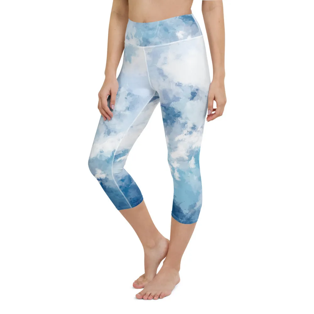 Blue Abstract Yoga Capri Leggings, Blue Clouds Best Women's Yoga Capri Leggings- Made in USA/EU/MX