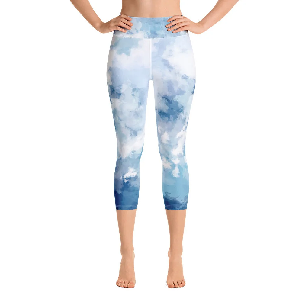 Blue Abstract Yoga Capri Leggings, Blue Clouds Best Women's Yoga Capri Leggings- Made in USA/EU/MX