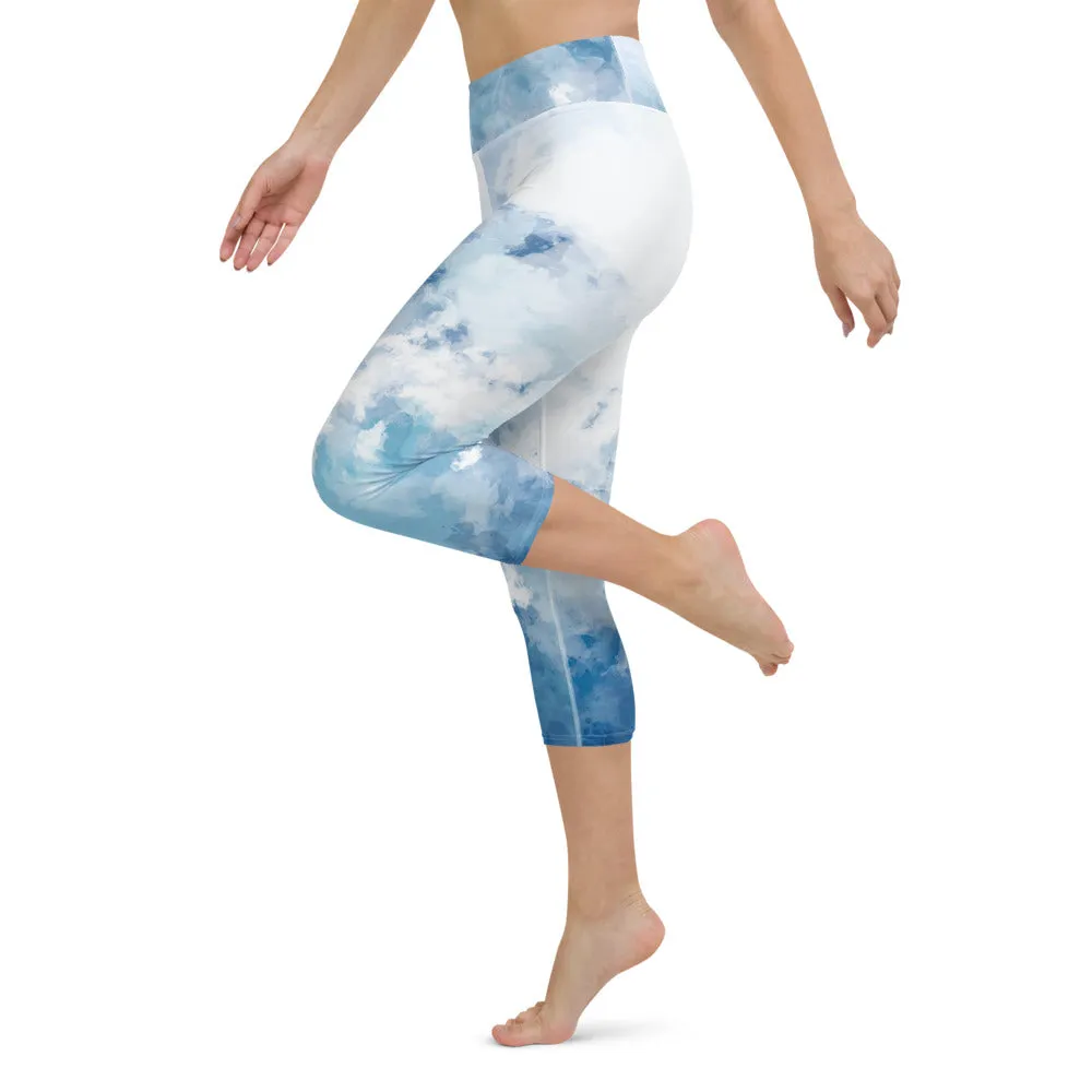 Blue Abstract Yoga Capri Leggings, Blue Clouds Best Women's Yoga Capri Leggings- Made in USA/EU/MX