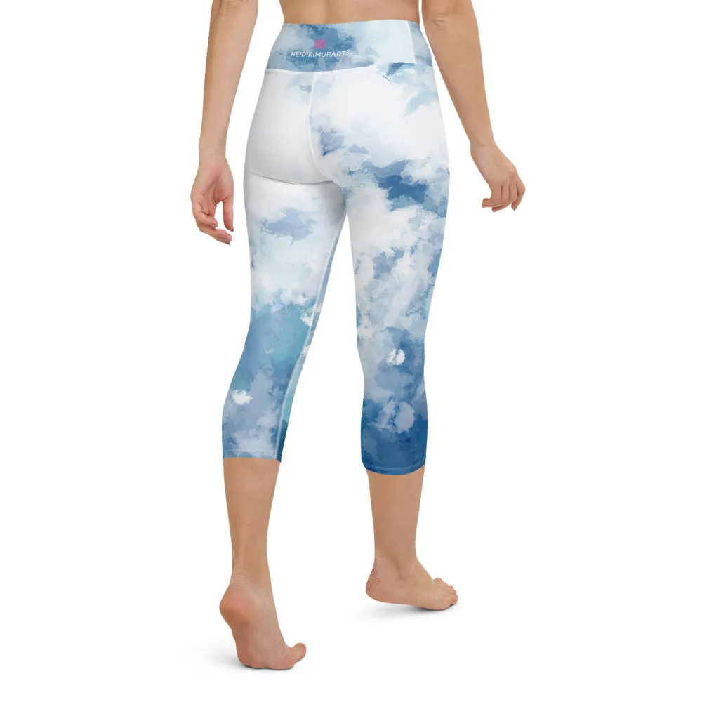 Blue Abstract Yoga Capri Leggings, Blue Clouds Best Women's Yoga Capri Leggings- Made in USA/EU/MX