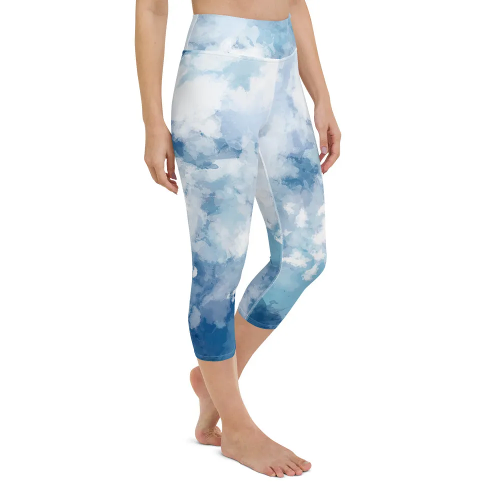 Blue Abstract Yoga Capri Leggings, Blue Clouds Best Women's Yoga Capri Leggings- Made in USA/EU/MX