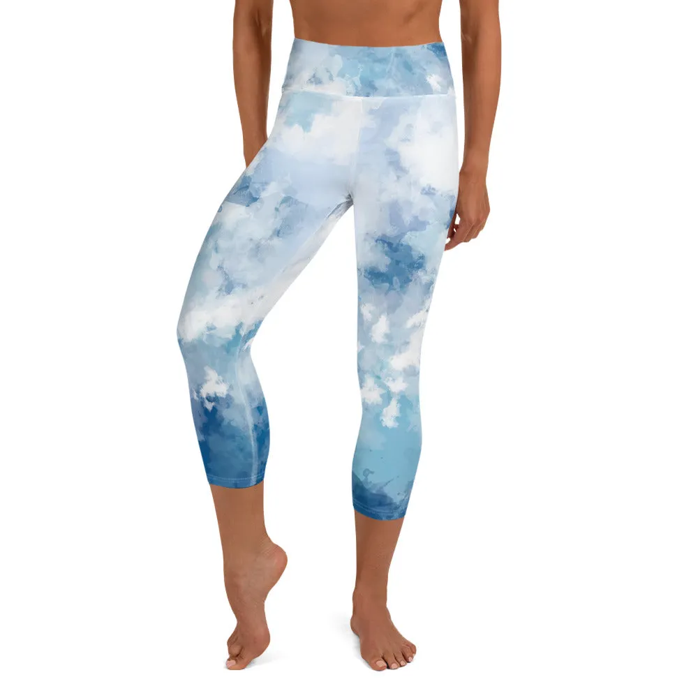 Blue Abstract Yoga Capri Leggings, Blue Clouds Best Women's Yoga Capri Leggings- Made in USA/EU/MX