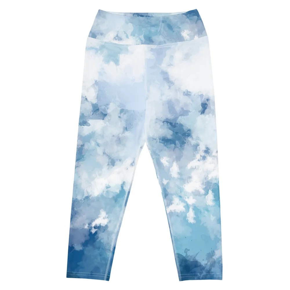 Blue Abstract Yoga Capri Leggings, Blue Clouds Best Women's Yoga Capri Leggings- Made in USA/EU/MX