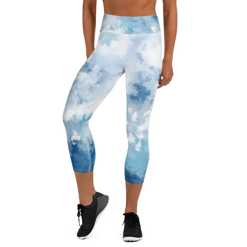 Blue Abstract Yoga Capri Leggings, Blue Clouds Best Women's Yoga Capri Leggings- Made in USA/EU/MX