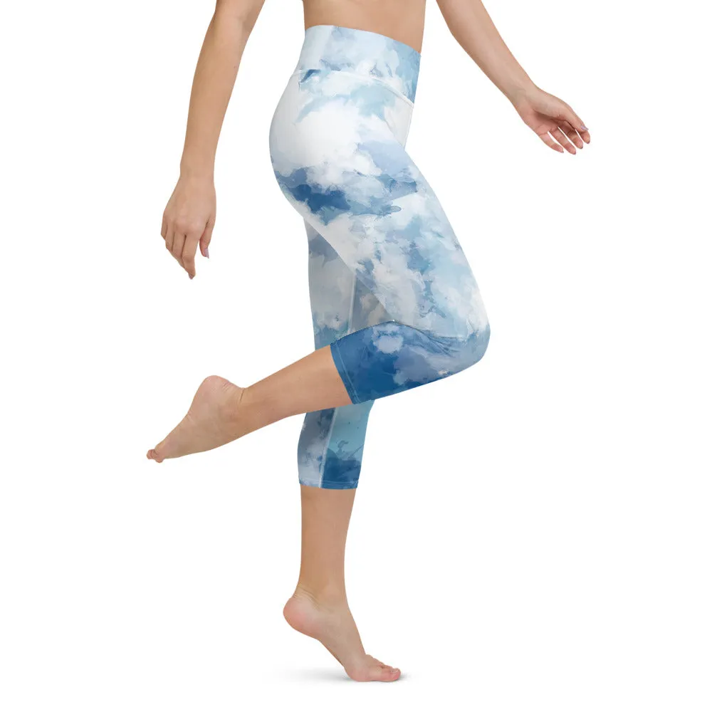 Blue Abstract Yoga Capri Leggings, Blue Clouds Best Women's Yoga Capri Leggings- Made in USA/EU/MX