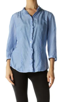 Blue Ruffled High Neck Buttoned Blouse