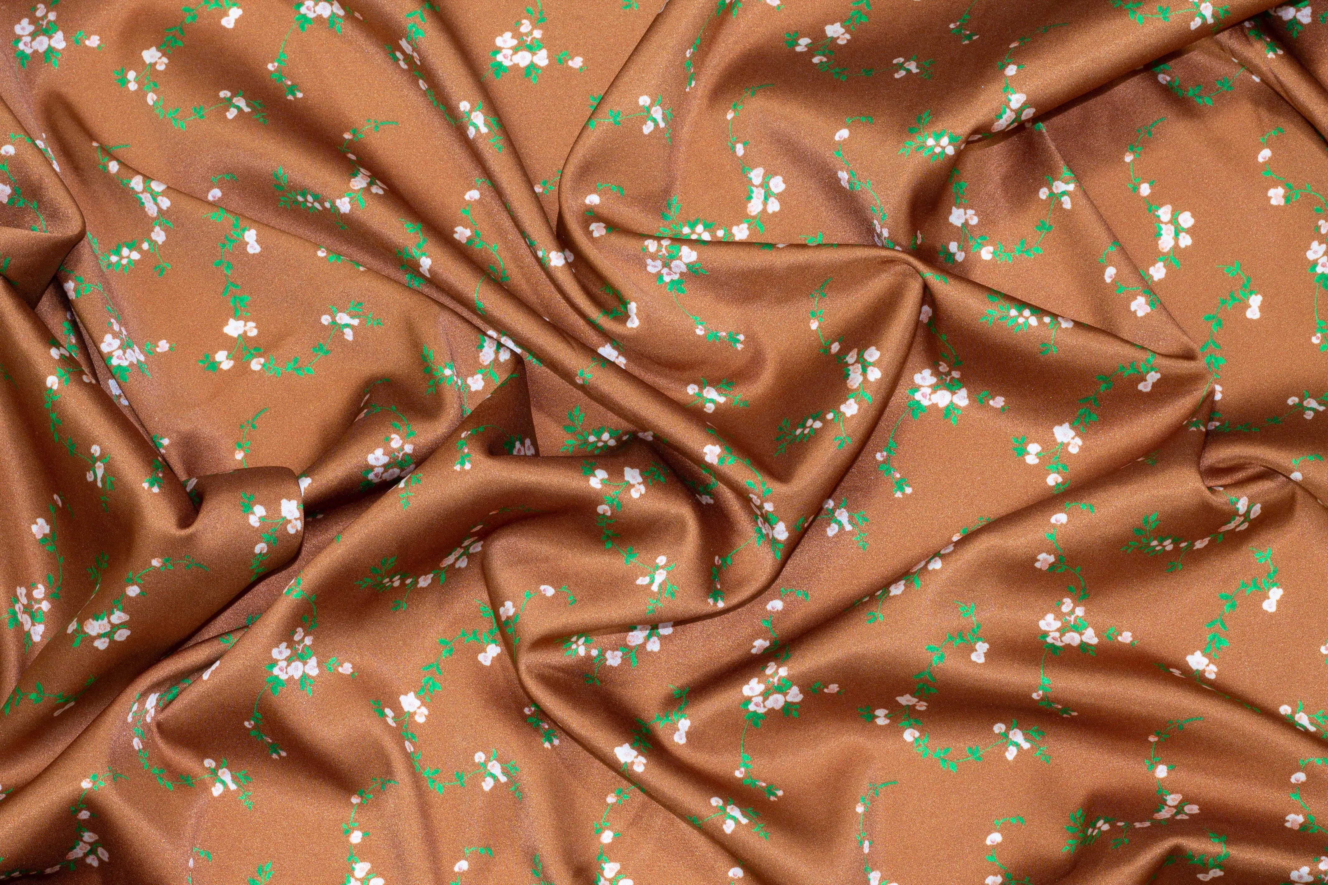 Brown Floral Stretch Silk Charmeuse