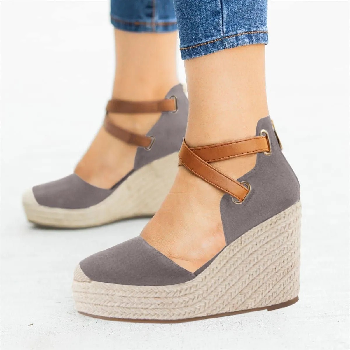 Brown Suede Wedge Ankle Strap Closed Toe Sandalse