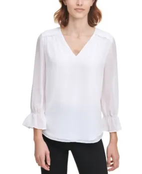 Calvin Klein Ruffled V-Neck Top, Size Small