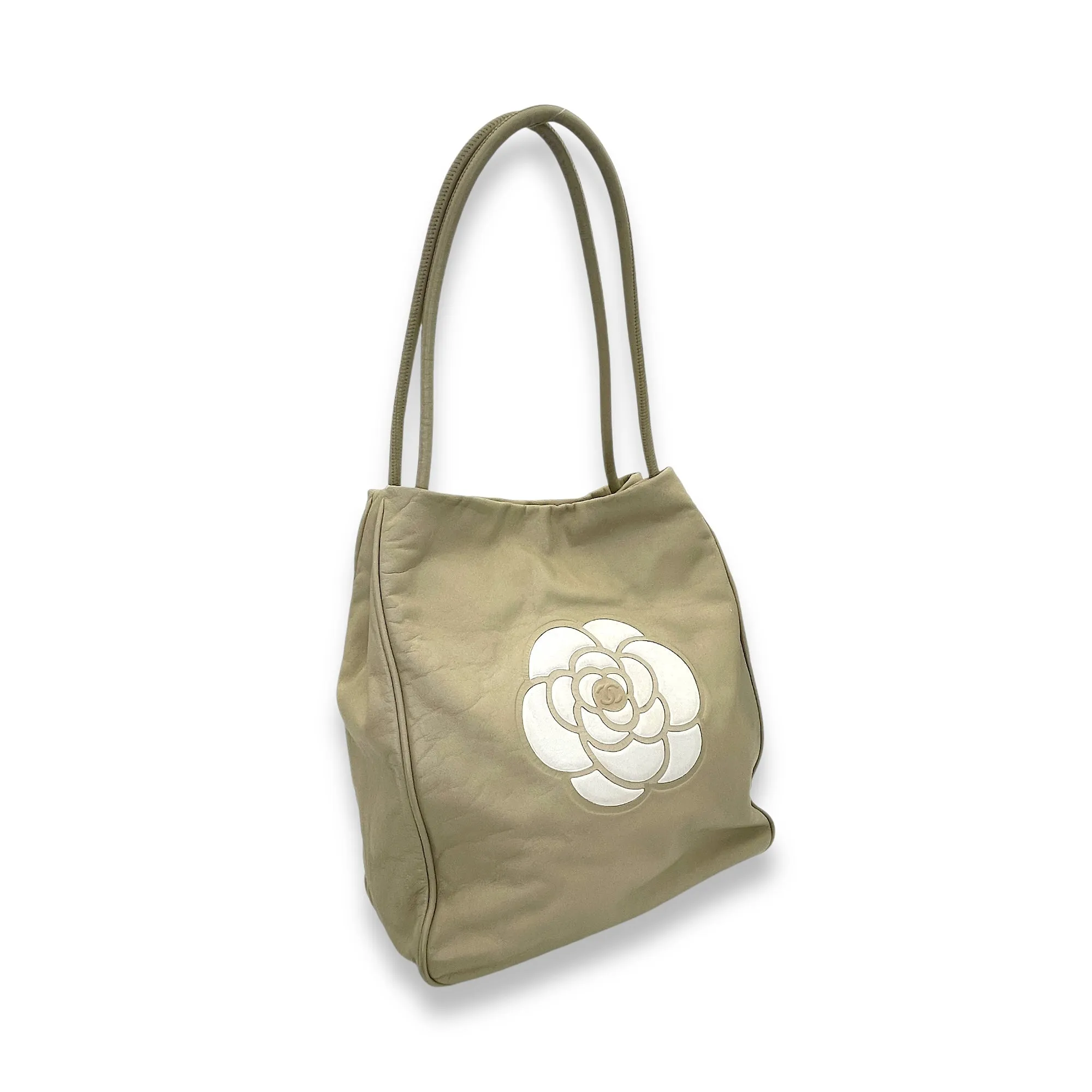 Camellia Embossed Beige Tote Bag in Lambskin