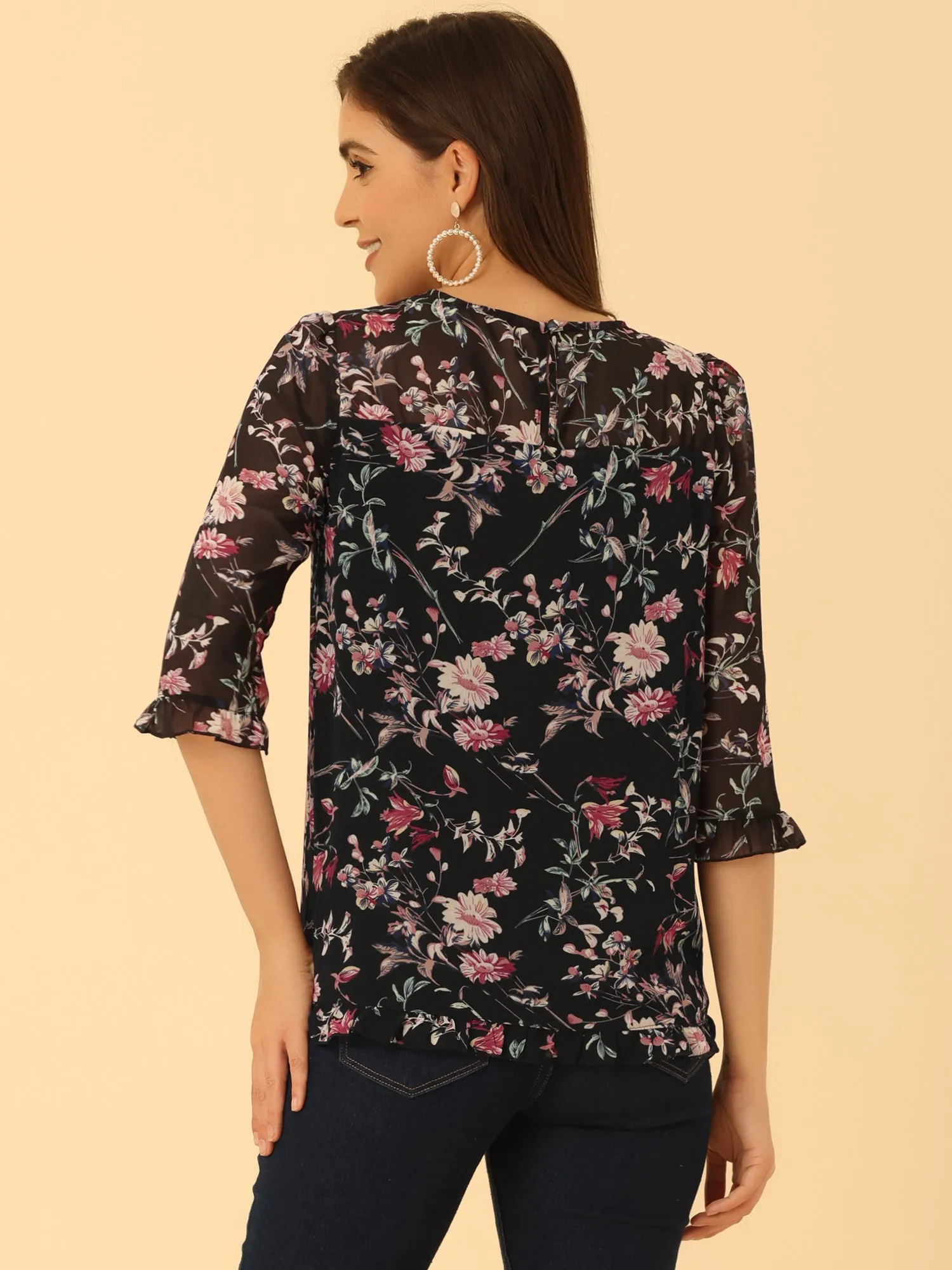 Casual Ruffle Floral Print 3/4 Sleeve Chiffon Blouse