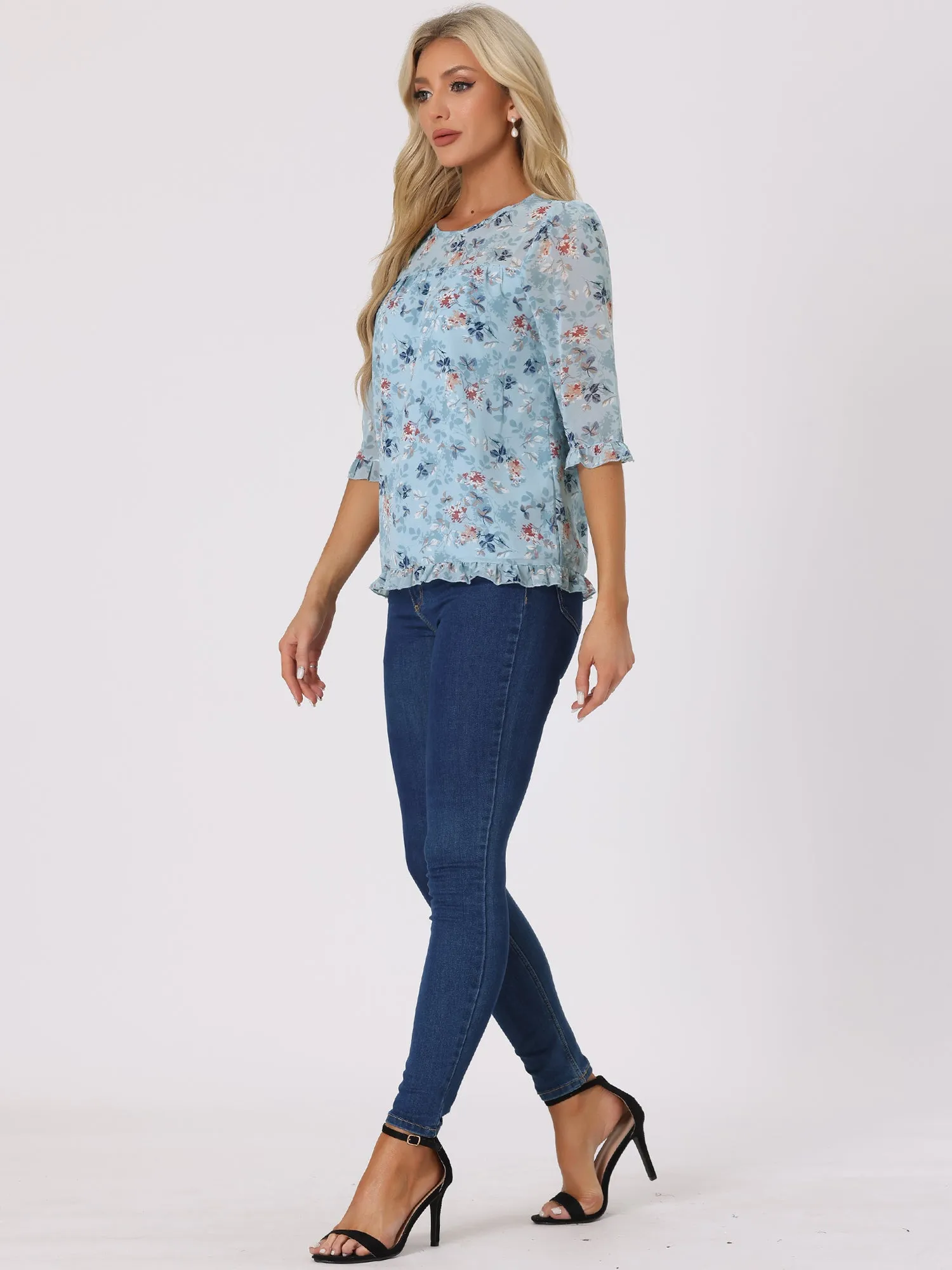 Casual Ruffle Floral Print 3/4 Sleeve Chiffon Blouse