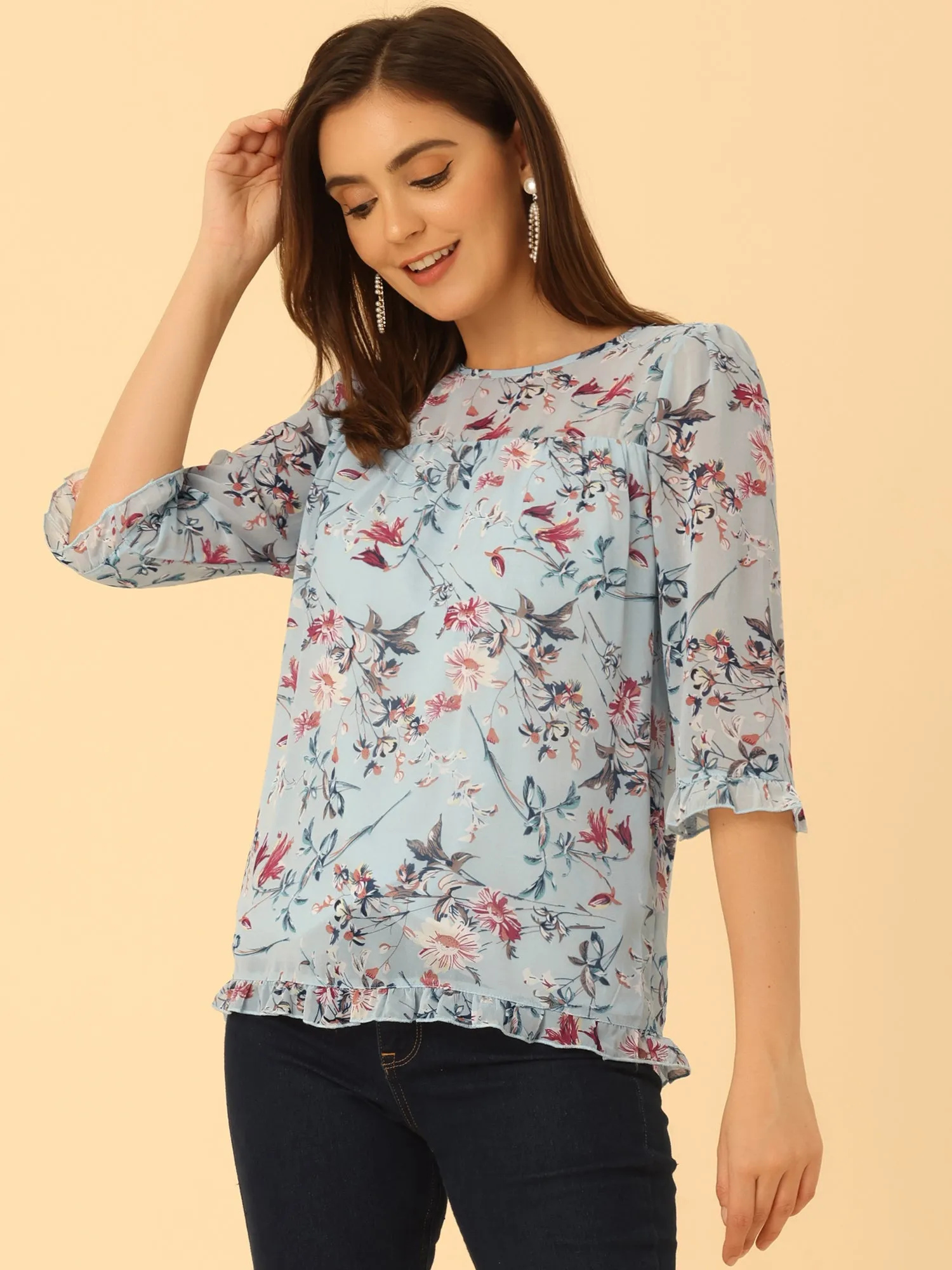 Casual Ruffle Floral Print 3/4 Sleeve Chiffon Blouse