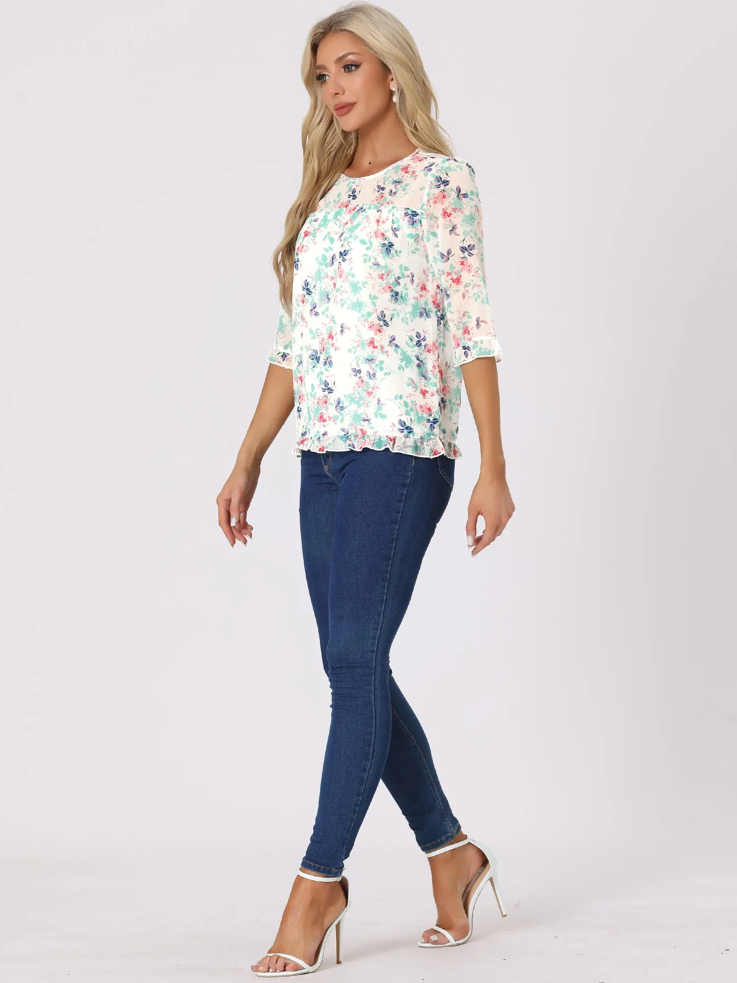 Casual Ruffle Floral Print 3/4 Sleeve Chiffon Blouse