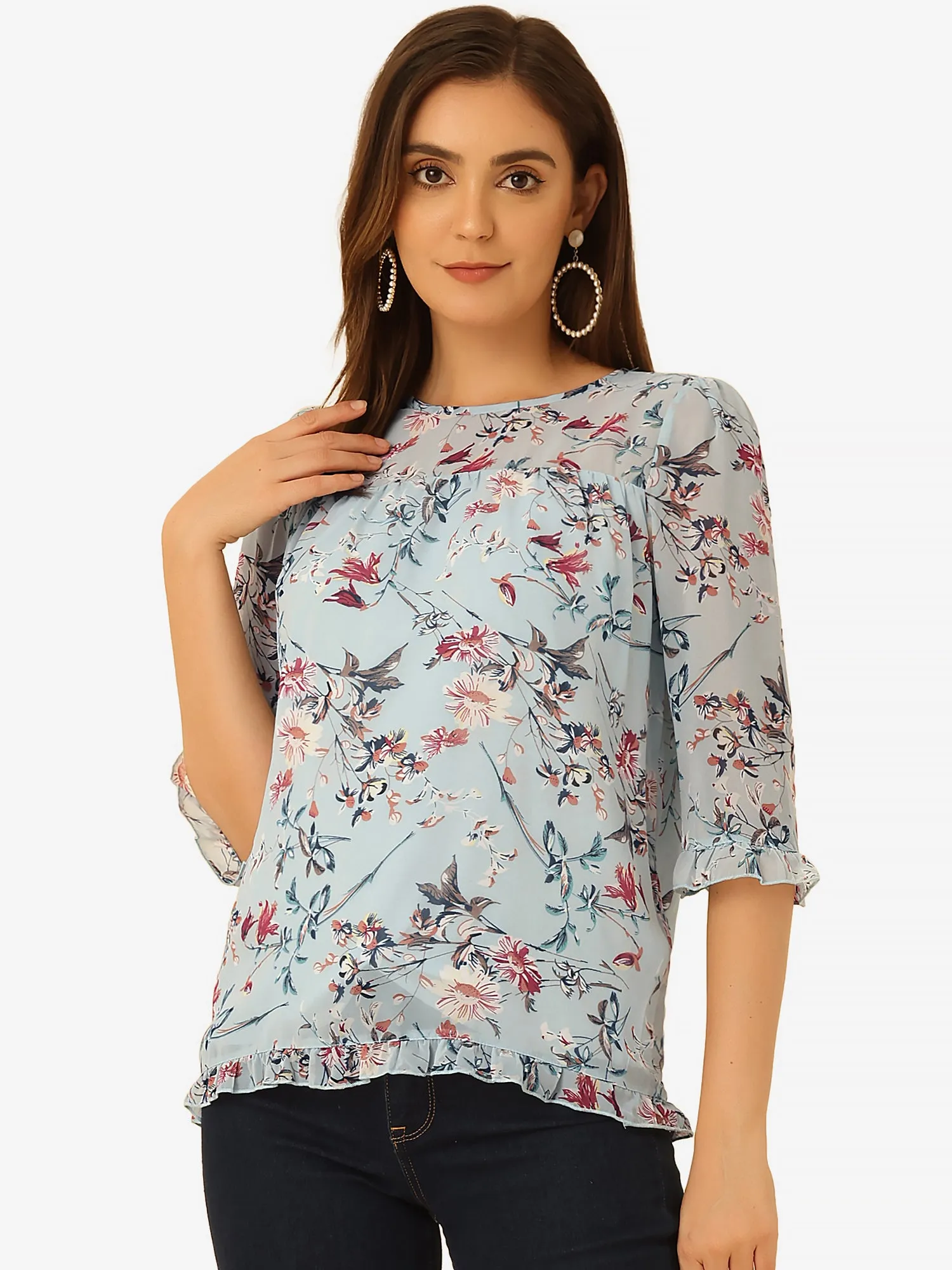 Casual Ruffle Floral Print 3/4 Sleeve Chiffon Blouse