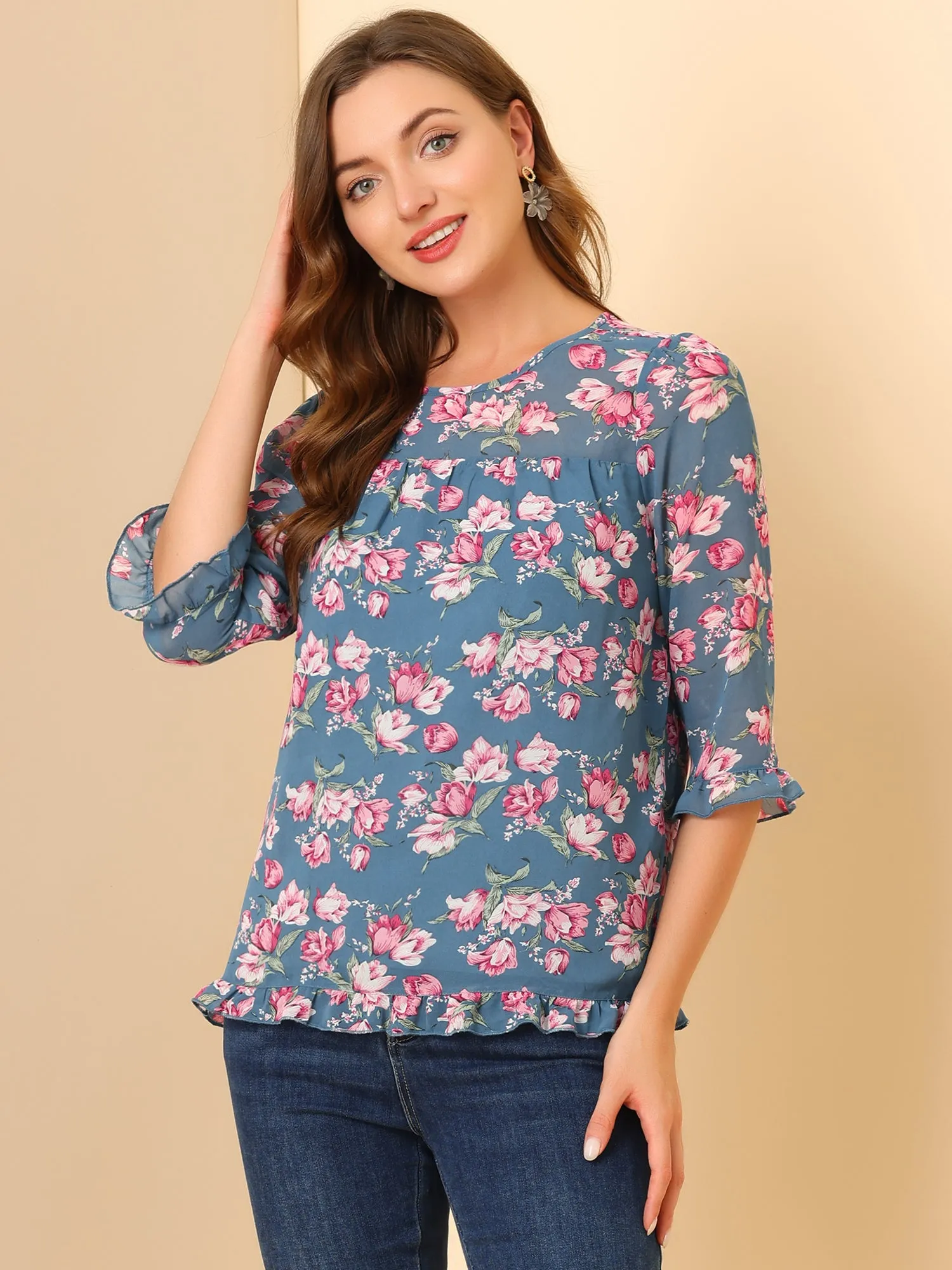 Casual Ruffle Floral Print 3/4 Sleeve Chiffon Blouse