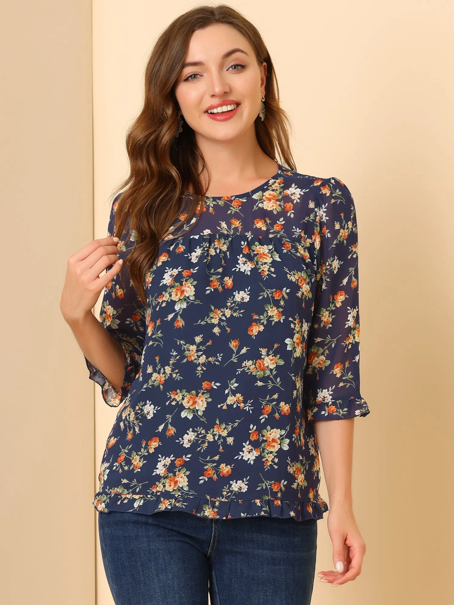 Casual Ruffle Floral Print 3/4 Sleeve Chiffon Blouse