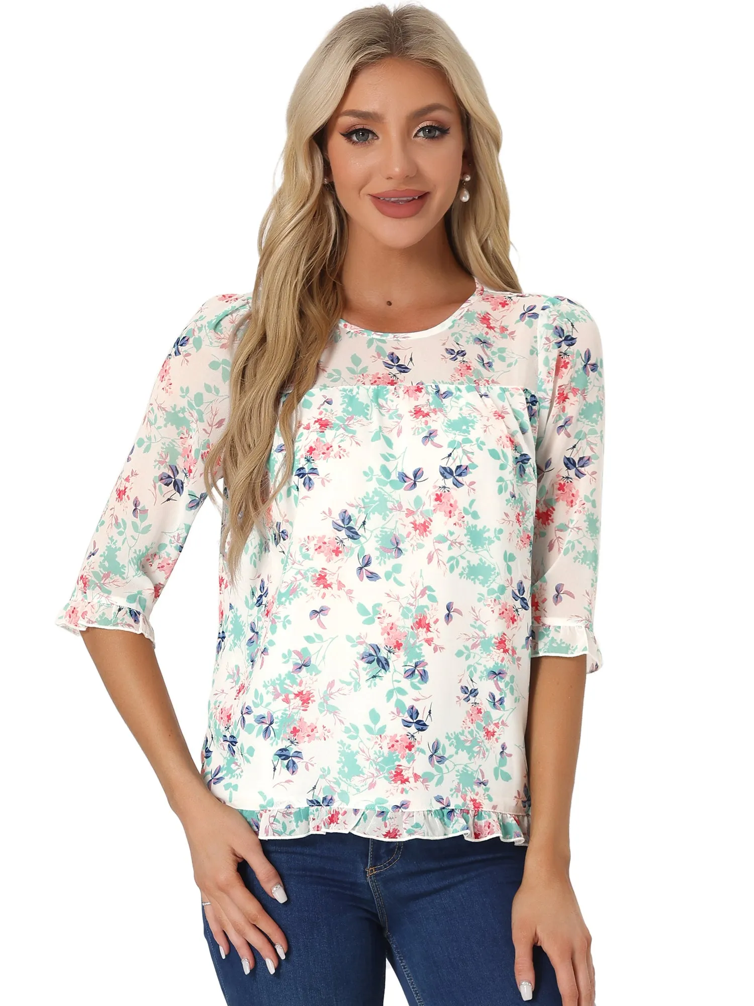 Casual Ruffle Floral Print 3/4 Sleeve Chiffon Blouse