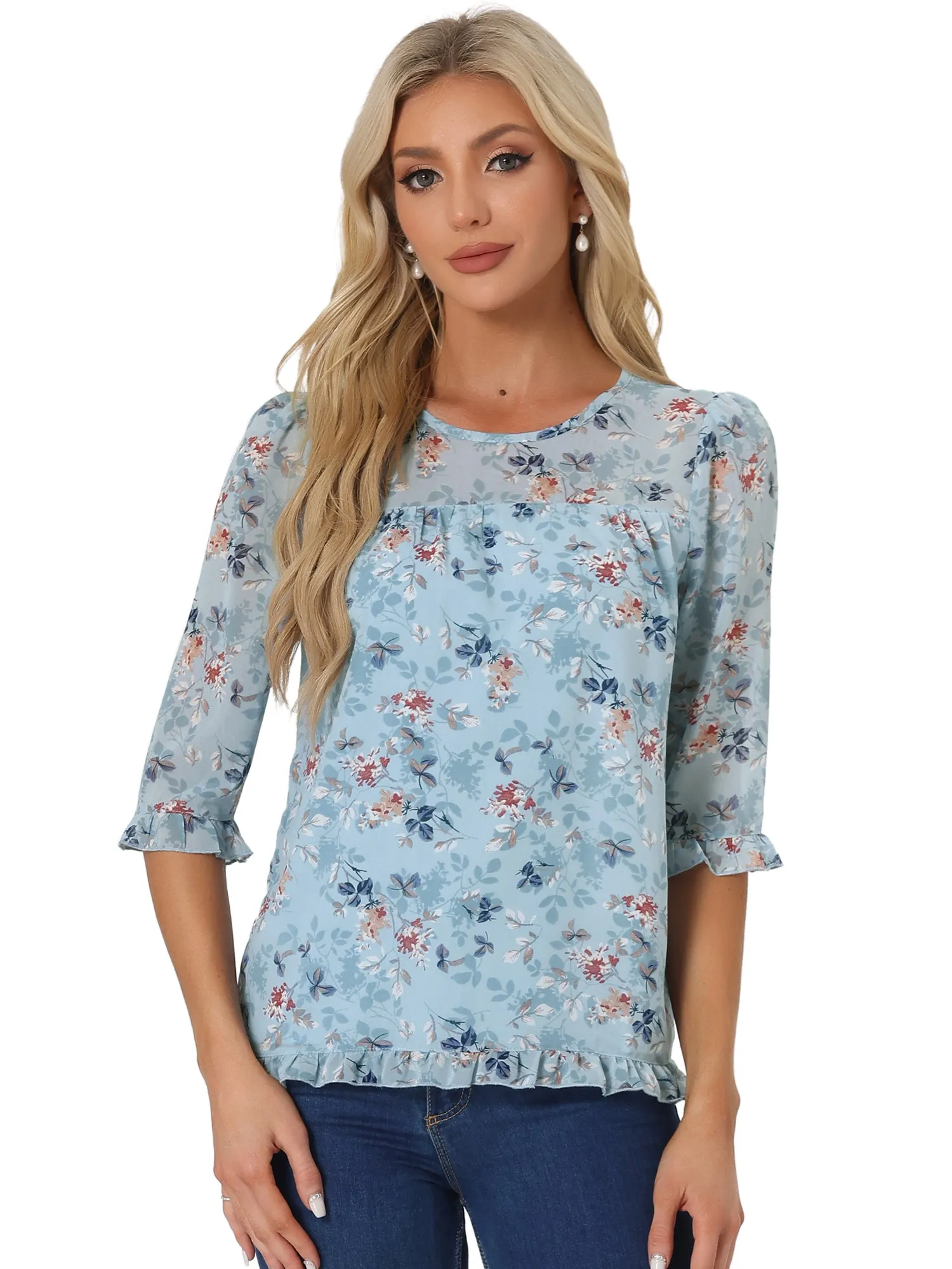 Casual Ruffle Floral Print 3/4 Sleeve Chiffon Blouse