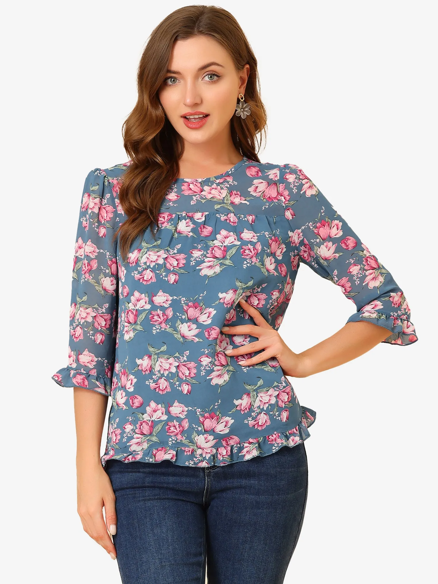 Casual Ruffle Floral Print 3/4 Sleeve Chiffon Blouse